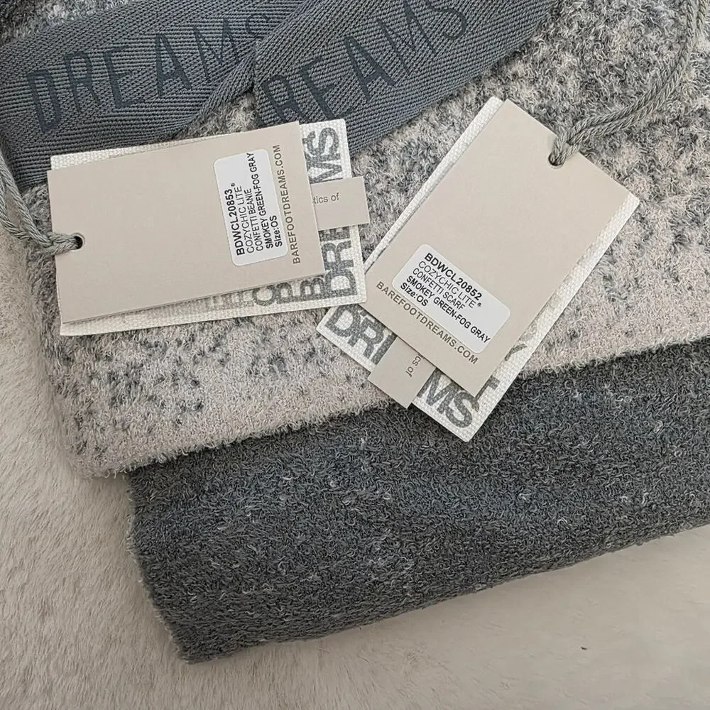 Barefoot Dreams CozyChic Lite Confetti Scarf Beanie Set Smokey Green Gray NWT